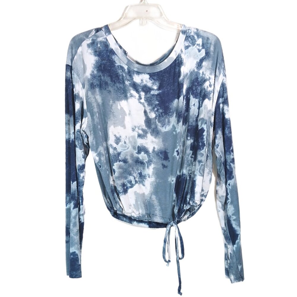 Womens Tie-Dye Shirt Large Long Sleeve Boho Casual Drawstring Tie Top